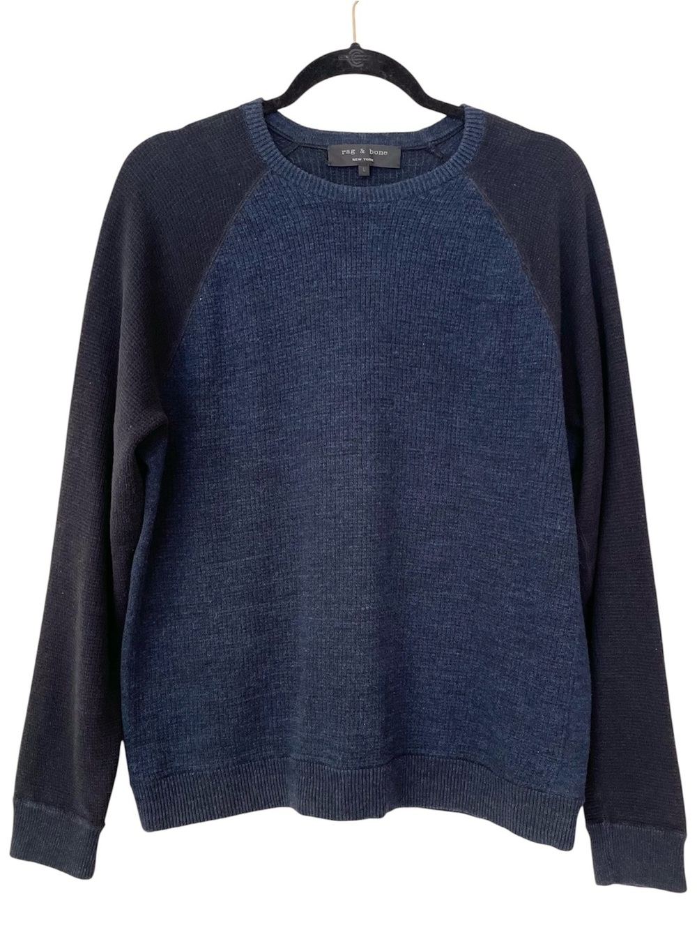 Rag & Bone Men’s Raglan Colorblock Crewneck Sweater L Blue Cotton Linen Casual
